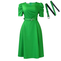 A bright green midi A-line dress with short puff sleeves, a V-neck, and a matching belt.