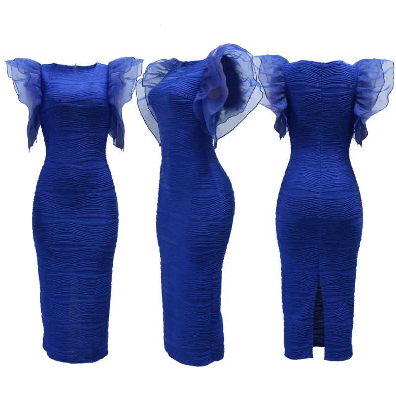 A royal blue bodycon midi dress with ruffled butterfly sleeves and a textured, ruched finish.