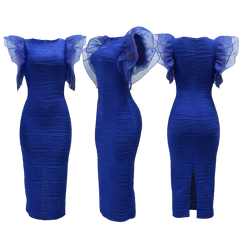 A royal blue bodycon midi dress with ruffled butterfly sleeves and a textured, ruched finish.