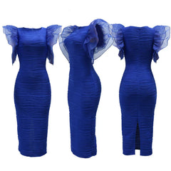 A royal blue bodycon midi dress with ruffled butterfly sleeves and a textured, ruched finish.