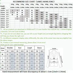 A size recommendation chart for a men's two-piece suit set with height and weight measurements.
