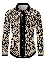 High Quality Men's Leopard Printed Button Shirt Baroque Chain Long Sleeves Party Casual Flap Long Sleeves