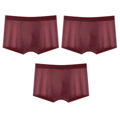 Three pairs of maroon men's boxer shorts made from breathable mesh ice silk fabric.
