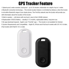 Two oval Bluetooth GPS trackers, one white and one black, with a hole for a keychain.