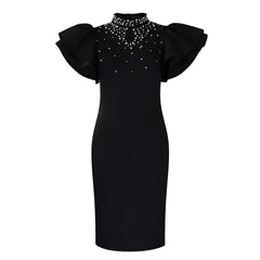 A black knee-length pencil dress with butterfly sleeves and pearl embellishments at the neckline.
