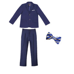 A blue boys formal suit set including a blazer, trousers, and a striped bow tie.