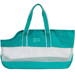A teal and white mesh pet carrier shoulder bag with a DogLemi brand label.