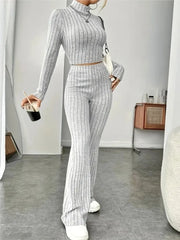 Autumn Knitted Two Piece Set Bodycon Suit Women Tracksuit Long Sleeve Vintage Slim Crop Top Flare Pants Sets Y2k Stretch Outfits