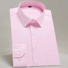 A light pink long-sleeve button-up dress shirt with a square collar and a chest pocket.
