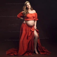 Maternity Dress Photography Studio Prop Cotton High Slit Off Shoulder Boho Beach Pregnancy Photoshoot Maxi Dress For Baby Shower