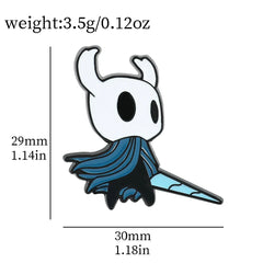 A metal enamel pin of the Hollow Knight character holding a nail, measuring 29mm by 30mm.