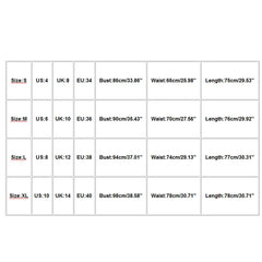 A size chart table for women's denim overalls listing measurements for sizes S through XL.
