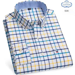 100% Pure Cotton Oxford Shirts for Men Long Sleeve Plaid Shirt Striped Male Business Checked Red Shirt Mans Designer Clothes 7XL