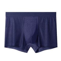 A pair of navy blue men's boxer briefs made from breathable mesh fabric.