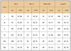 A size chart table for an elegant African women's dress with columns for bust, waist, and length.