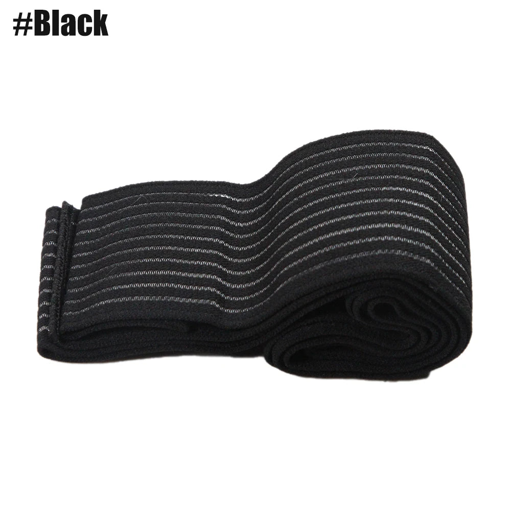 A black elastic compression bandage wrap with a textured surface for joint support.