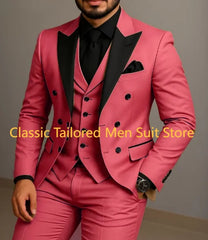Beige Double Breasted Suit Black Lapel Slim Fit Wedding Suit