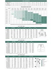 A comprehensive size chart for a men's suit set including measurements for the coat, vest, and pants.