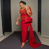 Saudi Arabia Luxury Red Lace Appliques Prom Dresses Sheer Long Sleeves Sheath Women Evening Party Dress Plus Size Customized SHOWLU FASHION STORE