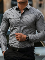Men's shirt fashion geometric line print long sleeve shirt business office casual slim versatile daily outdoor commuting top