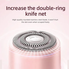 A close-up of a pink women's electric hair remover featuring a circular double-ring blade head.