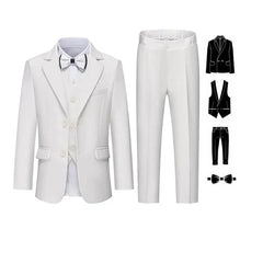 A white four-piece formal suit for boys featuring a jacket, vest, trousers, and a bowtie.