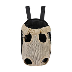A beige mesh pet carrier backpack with two shoulder straps for small dogs or cats.
