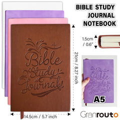 A stack of A5 Bible study journals in various colors with dimensions shown.