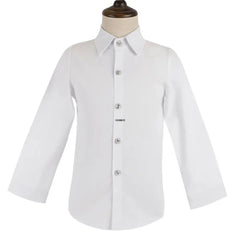 A long-sleeved white button-down dress shirt for children.