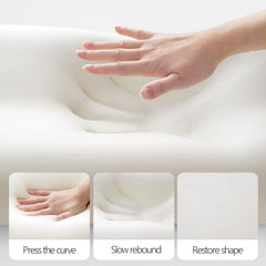 A hand presses into a white memory foam pillow, demonstrating its slow rebound and shape recovery.