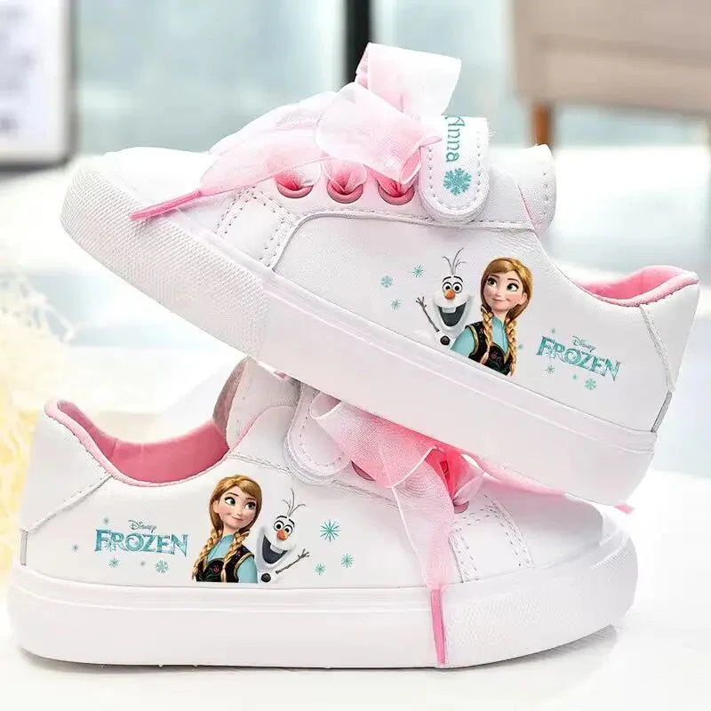 Disney Girls Frozen Princess White PU Leather Bow White Casual Shoes Non-slip Soft Bottom Sports Casual Shoes For Girl Size 23-3 SHOWLU FASHION STORE