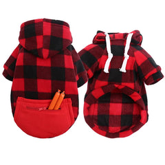 A red and black plaid dog hoodie featuring a functional pocket with two toy sausages inside.