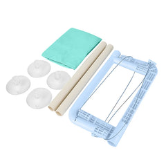 A disassembled cat window hammock kit with a fabric mat, two support poles, and four suction cups.