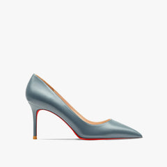 A blue pointed-toe stiletto pump with a signature red sole.