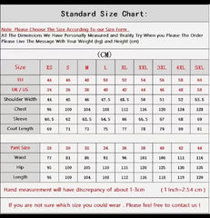 A standard size chart table for men's suits listing measurements in centimeters.