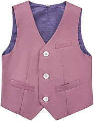 A solid pink single-breasted children's dress vest with three white buttons and a purple lining.