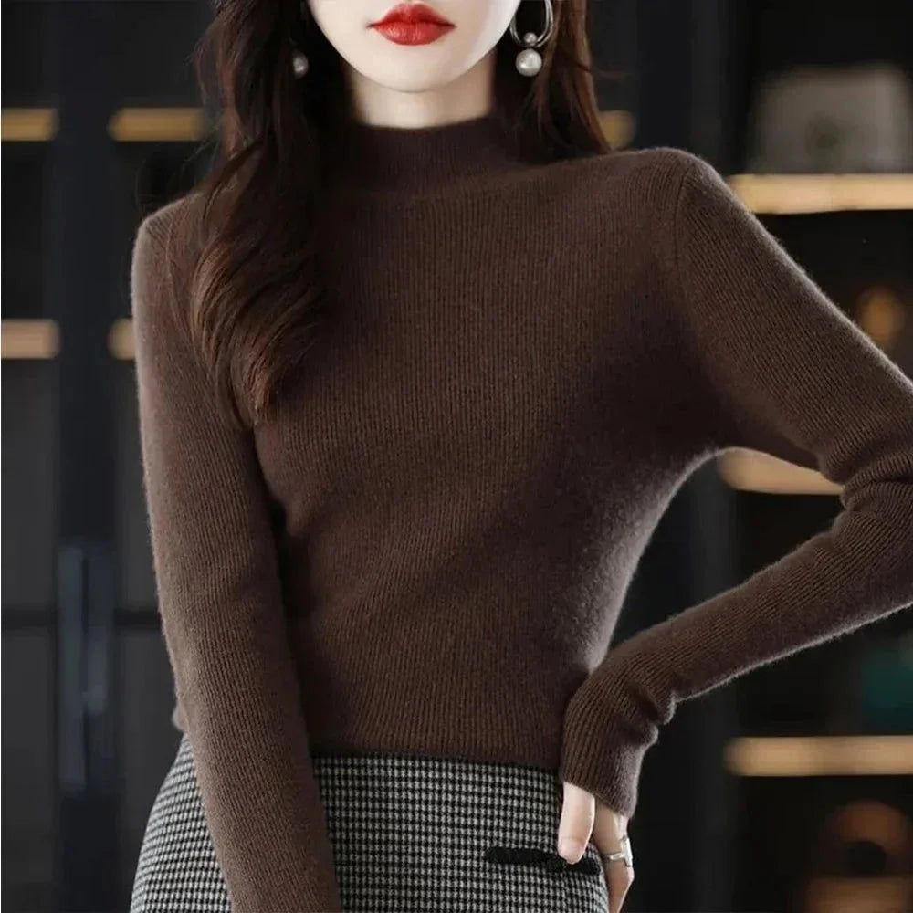 Temperament Pleated Pullover Sweater For Women Long-Sleeve Female S-2XL Siz Half High Collar Underlay Sleeve Sweater Slim Fit SHOWLU FASHION STORE