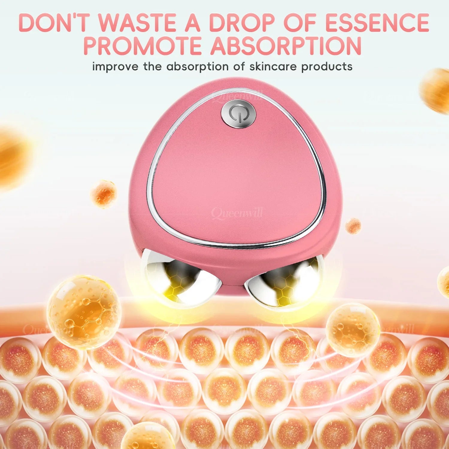 A pink Queenwill microcurrent facial massager with two metal rollers sits above skin cells.