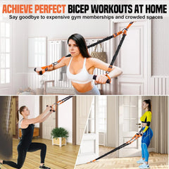 A person demonstrates various exercises using a resistance band set anchored to a door.