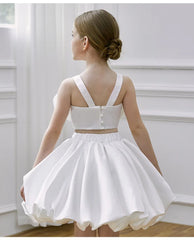 Two Pieces White Flower Girl Dresses Birthday Wedding Party Gown Kids Princess Sleeveless Knee Length Prom Dress for Girls
