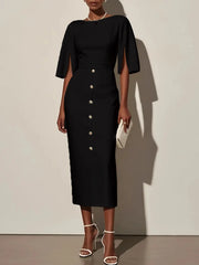 A woman wears a black midi sheath dress with a boat neckline, split sleeves, and button details.