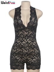 A black sleeveless lace romper with a deep V-neck and a form-fitting silhouette.