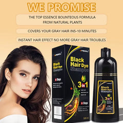 A bottle and box of Meidu 3-in-1 black hair dye shampoo next to a woman with dark hair.