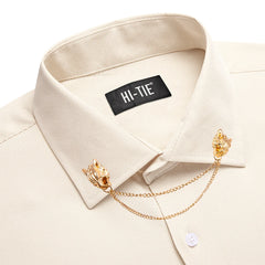 Hi-Tie Long Sleeve Mens Shirts Silk Brown Solid Lapel Green Black Red Beige Purple Pink Slim Fit Shirt Wedding Business Formal