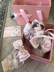 Dollbling Girls Pink Crown Ballerina Baptism Shoes Infant Dazzling Shoes Dress Handmade Mommy Daughter Outfit Bling Botties
