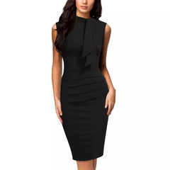 A woman wears a black sleeveless knee-length pencil dress with a bow detail at the neckline.