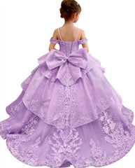 Customized Pink Flower Girl Dress For Wedding Bowknot Appliques Short Sleeve Floor Length Kids Birthday First Communion Gown