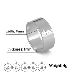 A silver stainless steel ring featuring a cutout cross design with size and dimension labels.