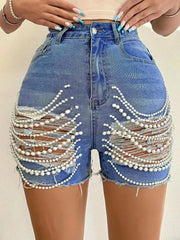Denim Shorts Women Hole Jeans Ripped Pearl Chain Pockets Sexy Mom Vintgae Party Short Pants High Waist Denims Streetwear 2025