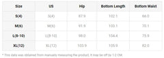 A size chart table for women's cargo pants showing hip, length, and waist measurements in centimeters.